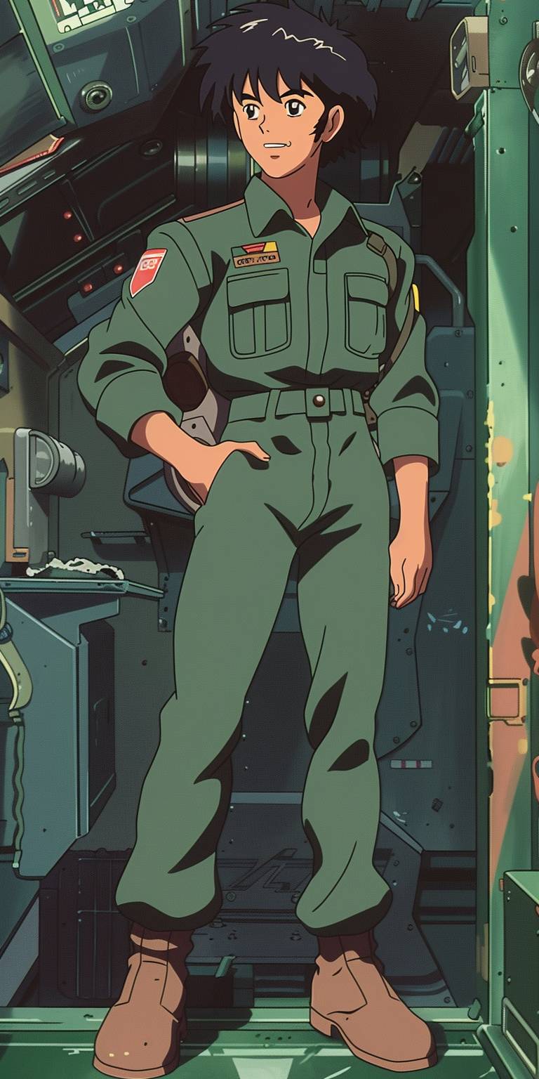 1980年代のティーンエイジャーのラテン系男性のパイロット、短い髪型で、バンカー室内で連邦宇宙軍の制服を着た人物--niji 6 --ar 1:2  --v 6.0
