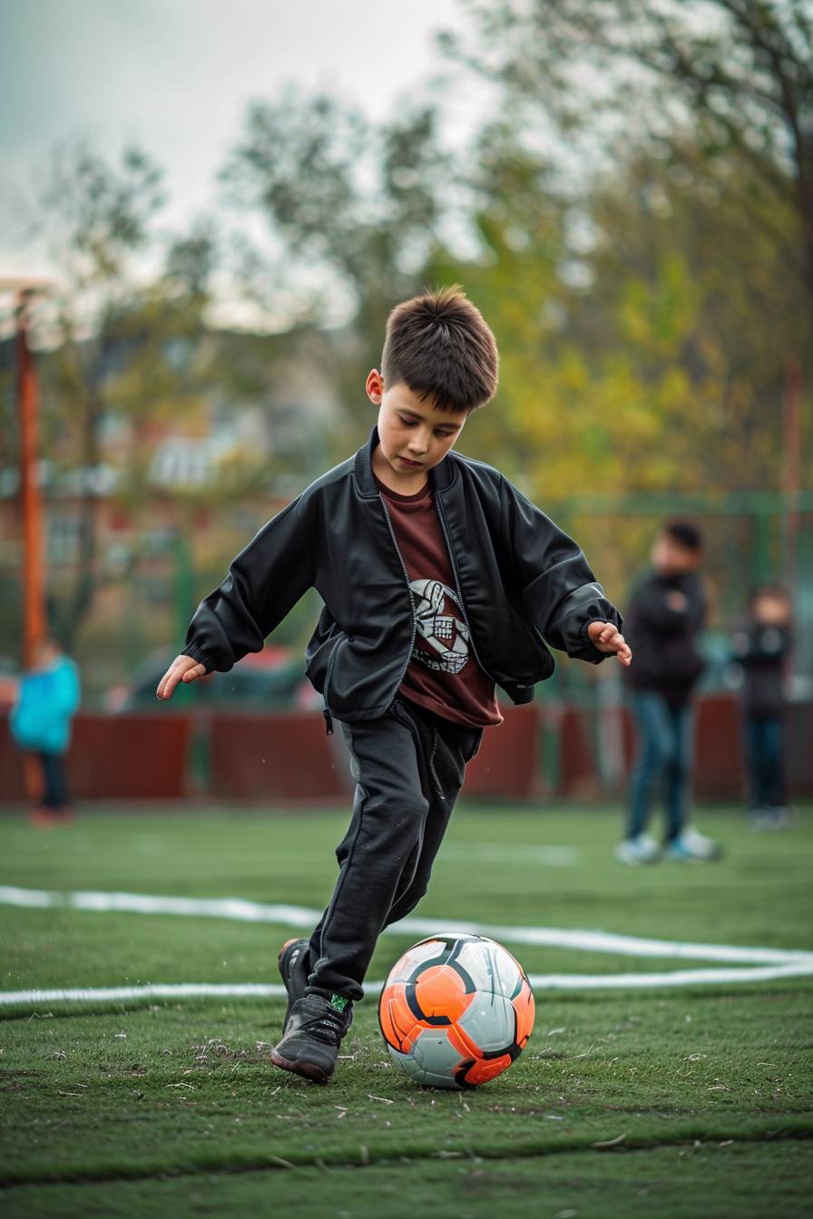 An 8-year-old boy plays soccer on a football field