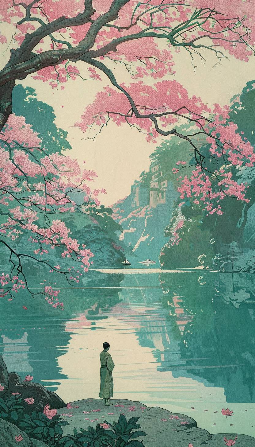 In the style of Hiroshi Yoshida, Enchanted canvas bringing fantasies to reality