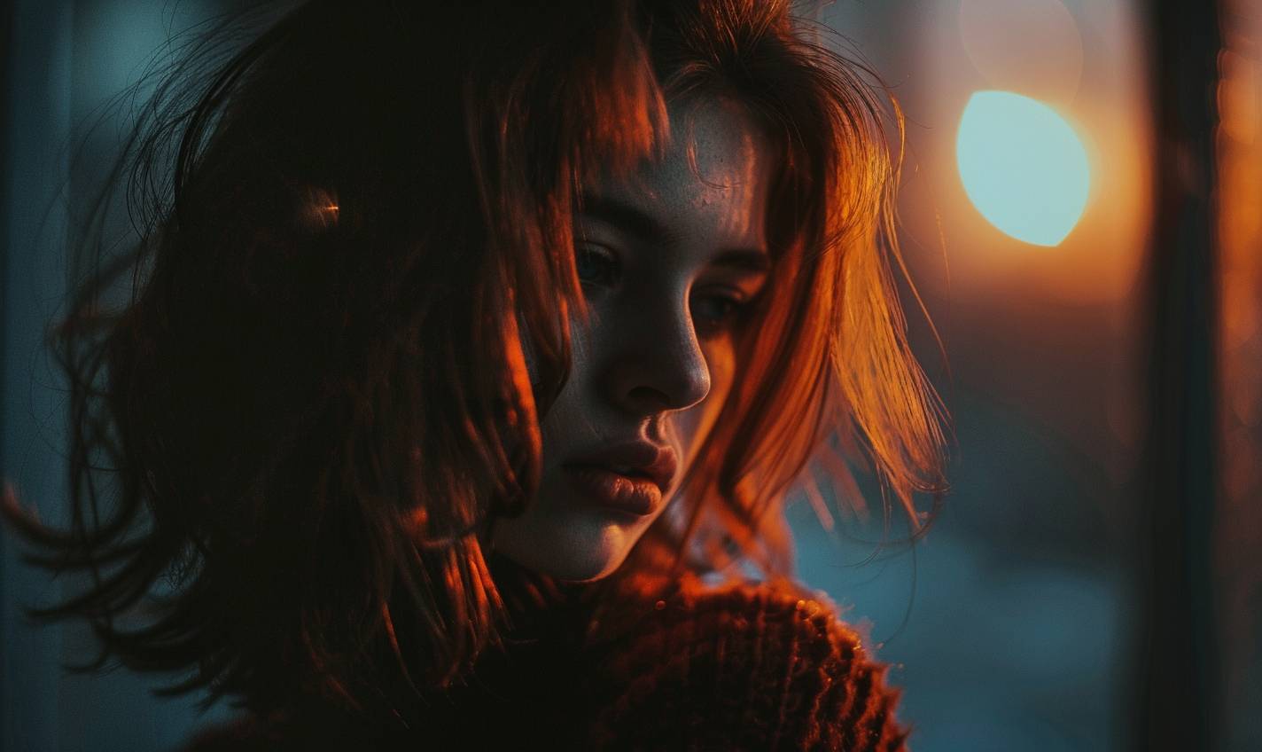A [SUBJECT] against a dark background with a mysterious atmosphere and cool color tones, featuring soft side lighting in the portrait photography style with high contrast between light and shadow, glow effect, light leak, and bokeh.