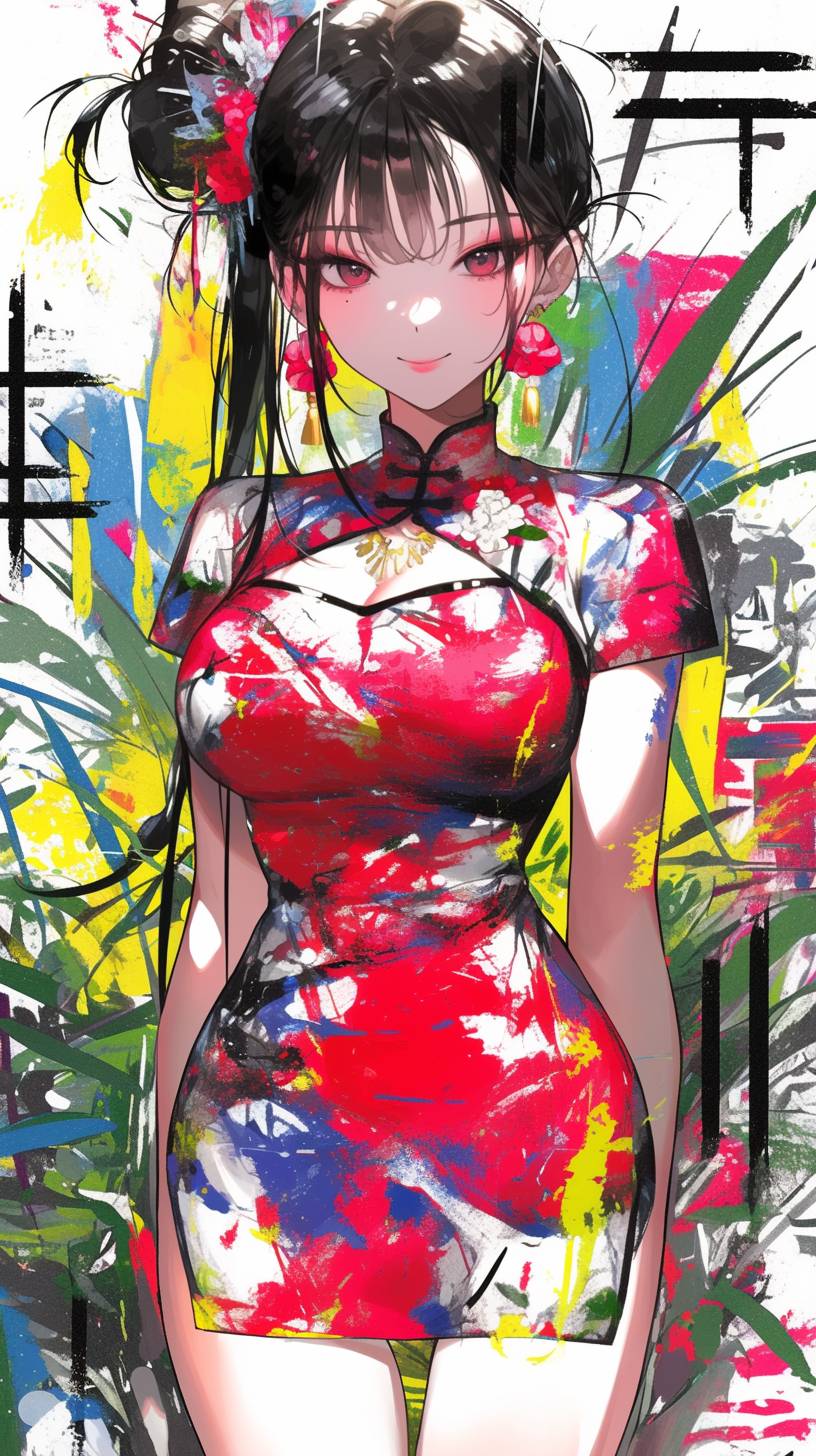 Full-length frontal view of a smiling Korean girl wearing a brightly colored red and white cheongsam. She has earrings, decorative flowers and headband in her hair, a meatball head and high ponytail hairstyle, red lips, eye shadow, exquisite makeup, a blurred background, 2.5D illustration style, exquisite three-dimensional facial features, white and clear skin, fashionable dressing, textured clear hair, clear image quality and high detail. The artwork is in an art wallpaper style suitable for desktop wallpaper, providing the best quality with indoor lighting, super detail, and C4D rendering.