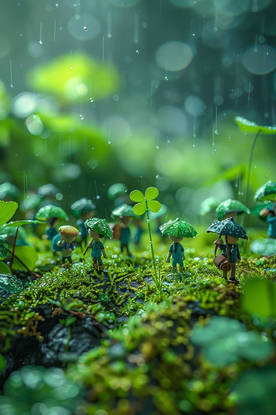 This is a miniature scene. In the middle of the picture is a clover. Some people are holding umbrellas next to the clover. Lush scenery, spring, rain, soft mist, high-definition natural light, tilt-shift photography, photographic work, octane render.