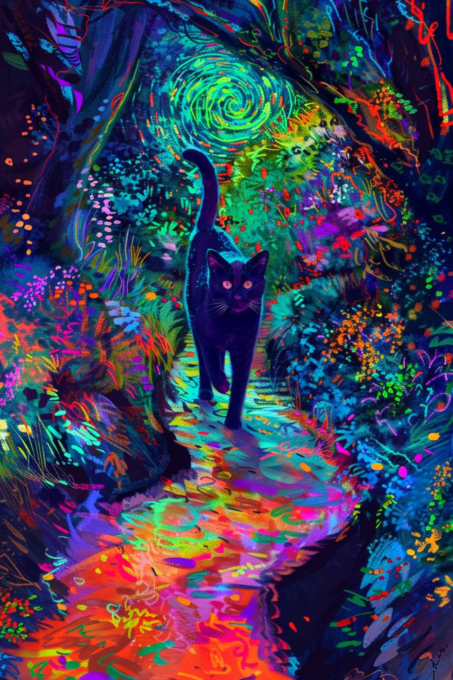 A stunning art work, mixture of post-impressionism painting and futuristic painting featuring bioluminescent vivid Starry Night of Van Gogh, with green, blue, red, yellow, purple shadows. A bioluminescent nice colors dotted cat walking on a stunning path. Make it eye-catching