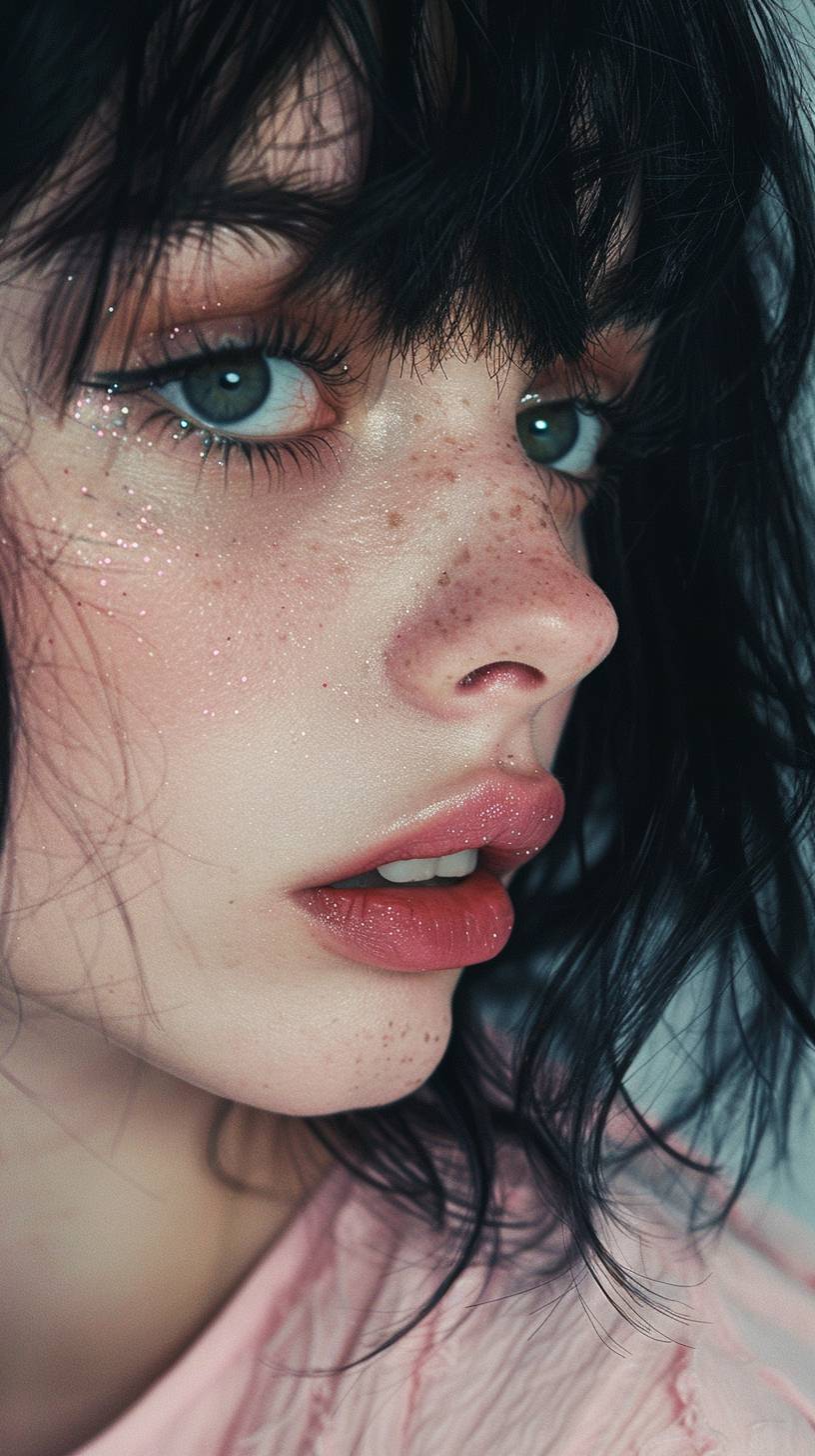 A close-up photo of a European model girl with grungy black eyes, hydrated yet tanned matte skin, and dark blue black hair. The photo showcases a trend of late 70s and early 80s with peachy and rose mint tones makeup, grunge and graphic eyeshadow that are edgy, smoky, and messy, with bright pink liner. Minimal makeup contrasted with cyber gems tone lips for a more striking effect. Set against an out-of-focus background that suggests minimal surroundings. In soft lighting, the photograph captures every detail of texture and shine within her beautiful locks.