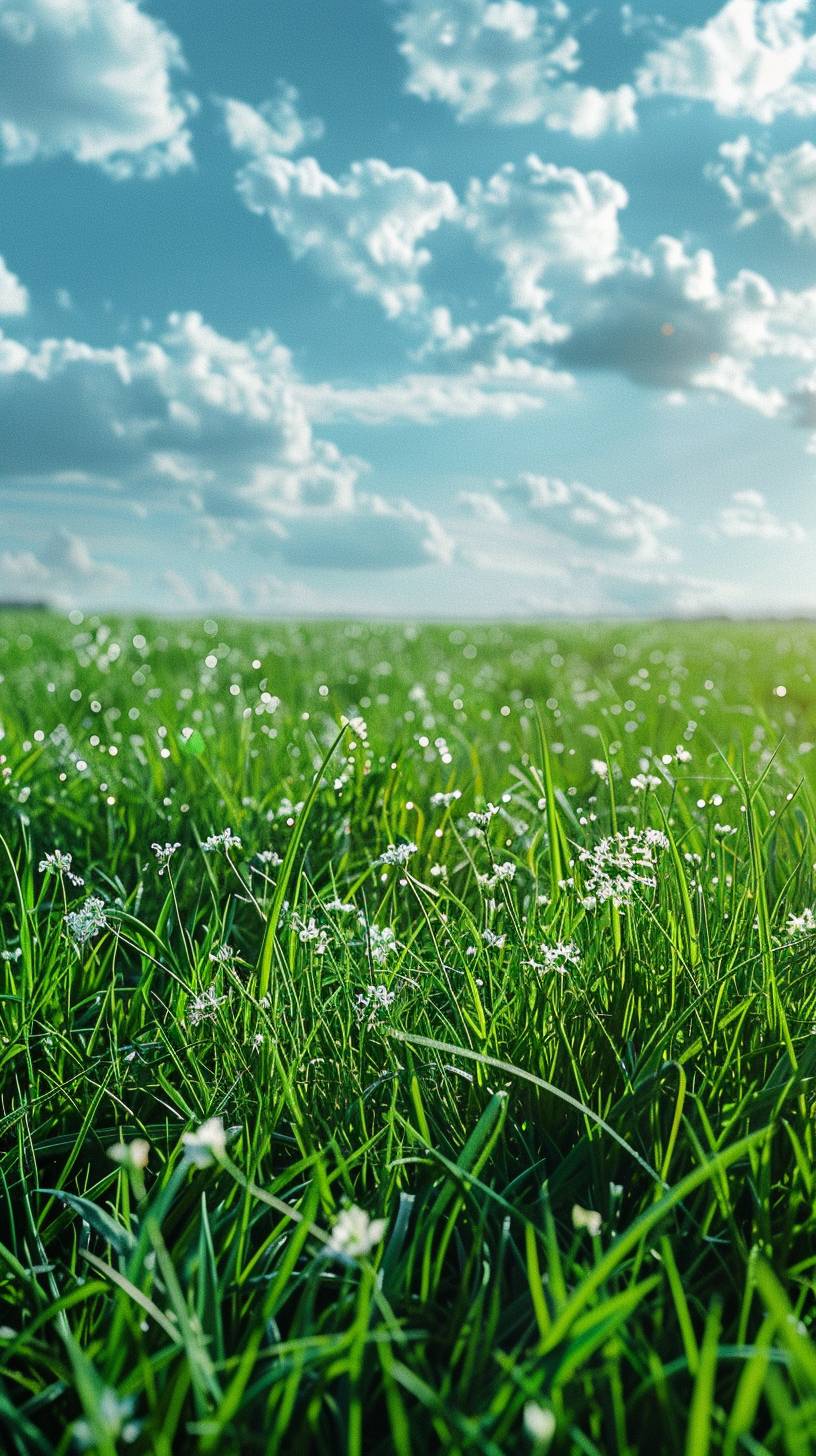 背景は緑色の芝と青い空、浅い色調と柔らかい光を用いたハイクオリティなフォトスタイルとフラットビューであり、広角レンズを使用して詳細を強調します。