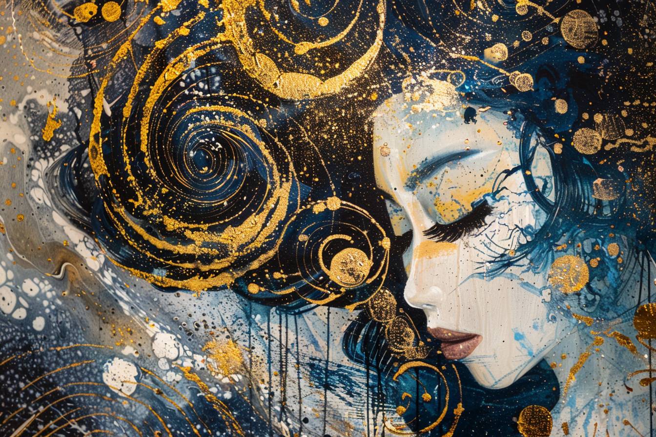 Geisha captured in abstract art, featuring swirling gold and indigo patterns