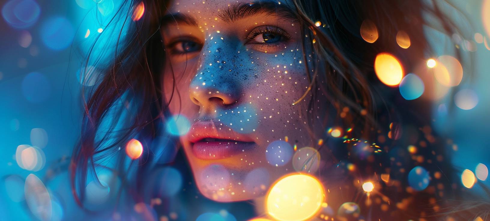 Portrait of a young woman with dark hair and a face illuminated by sparkling lights, set against a holographic, shimmering, glittery rainbowcore background, captured with double exposure photography to create a psychedelic, cinematic beauty