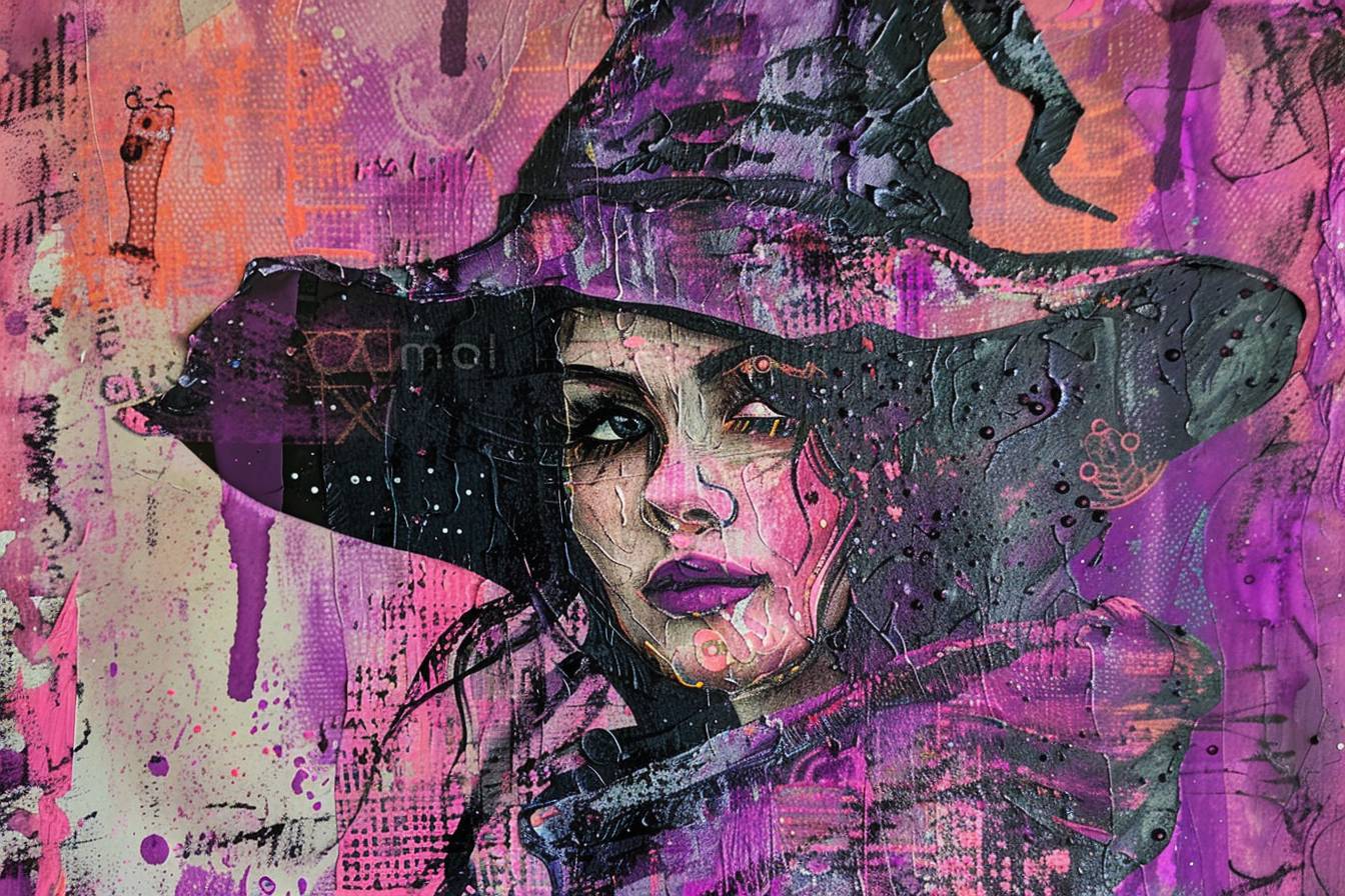 紫色とピンクのミックスメディアで描かれたコラージュスタイルの魔女