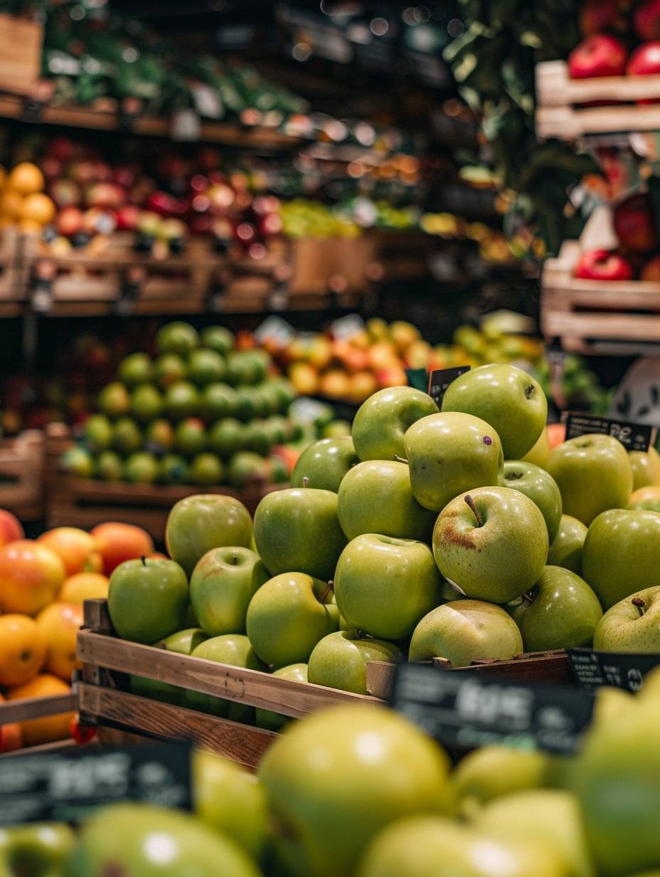 A pile of green apples with black labels on them, stacked in the center and placed next to each other on wooden shelves at fruit bars or grocery stores. The background features various types of red apple trees and boxes filled with different fruits such as oranges, pears, etc., creating an atmosphere full of fresh energy. This photo was taken using a Canon EOS R5 camera and is presented in ultrahigh definition with a resolution of 80 megapixels. The style of this photo is in the style of minimal editing of the original text.