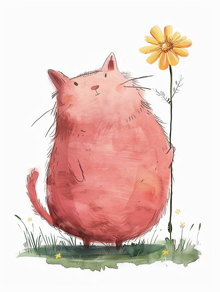 A cute pink cat with a big belly, standing on the grass looking at a yellow flower, with a smiling face in the style of William Steig and Kestutis Kasparavicius. A simple, minimalistic drawing with a white background and white space around the figure.