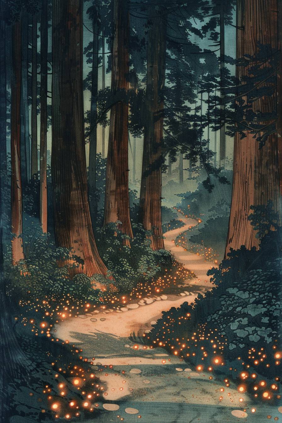 In style of Ohara Koson, Fairy lights illuminating a path through the woods