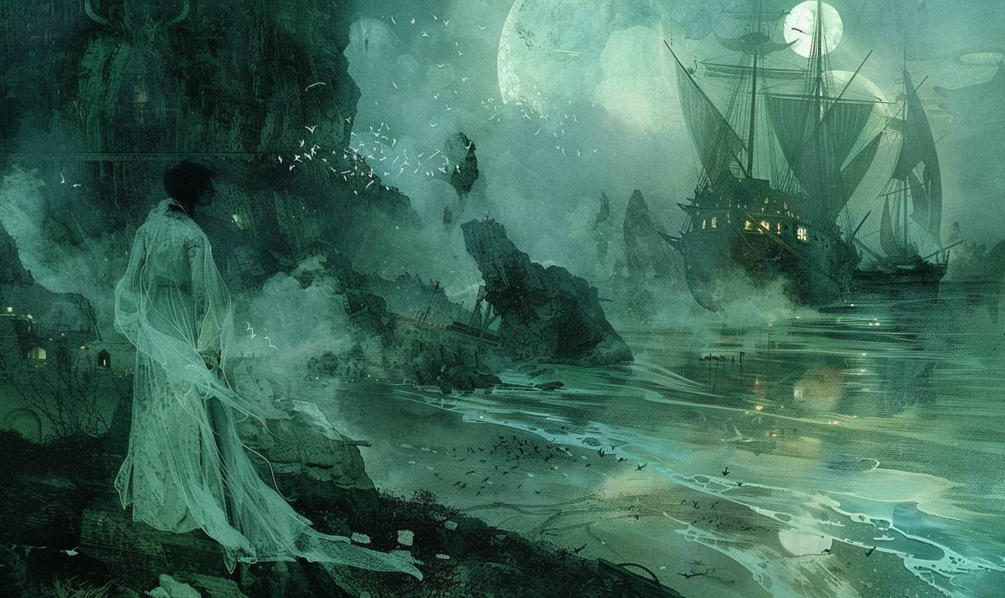 In the style of Alphonso Mucha, a ghostly shipwreck on a haunted shore