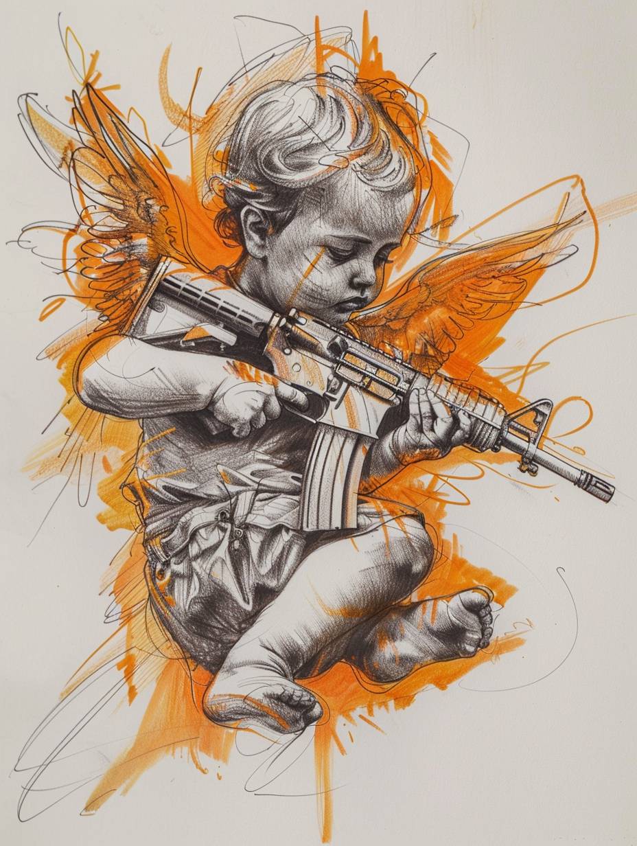 Drawing of baby angel with AK47, orange and grey color tattoo design