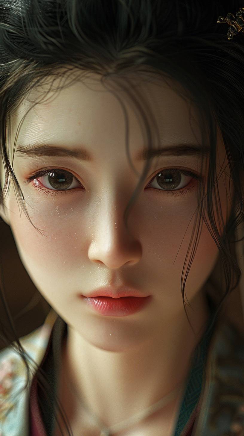 The girl, an ancient beauty, has a delicate face. She looks into the camera with an expressionless face. She has black hair and wears a hairpin. She is dressed in traditional Hanfu attire, in a close-up shot inside the palace. This ancient-style avatar is surreal and of the highest quality, a masterpiece in the realistic style of Hubma.