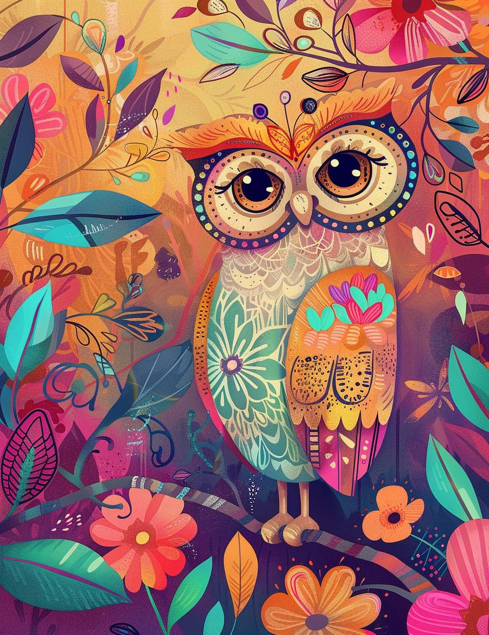 Create a whimsical illustration featuring a cartoonish owl on a colorful background, in the style of the vibrant, fairy-tale-like and children’s book illustrations. The medium should combine illustration with ephemera and doodle art elements. Use a color palette of warm tones--pinks, oranges, teals, and purples--with pops of bright floral hues. The art should have a playful, dreamlike quality, rich in patterns and fantasy motifs, capturing an enchanting, storybook essence and ephemera background.