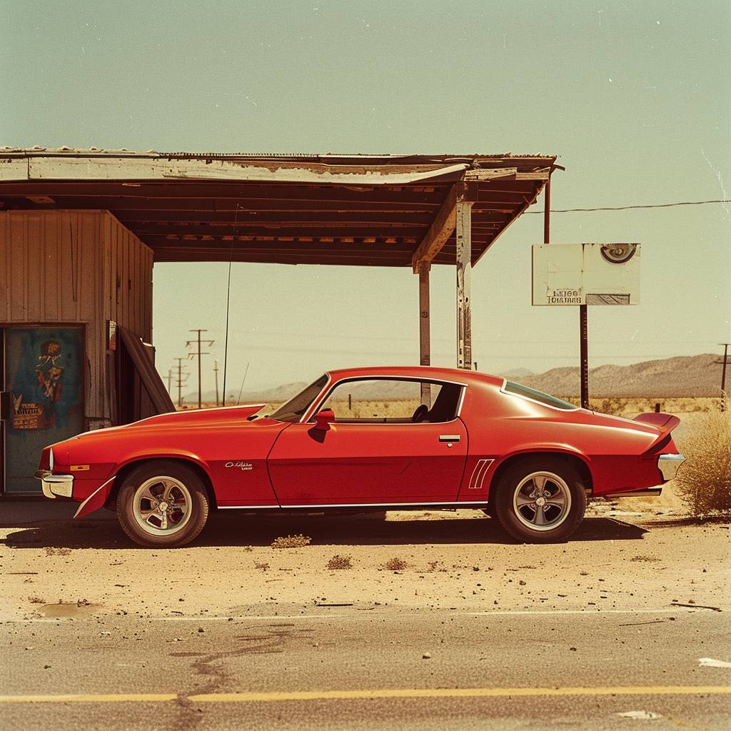 Side view of a retro red Camaro parked outside a desert gas station | Vintage Kodak shot | Dusty environment