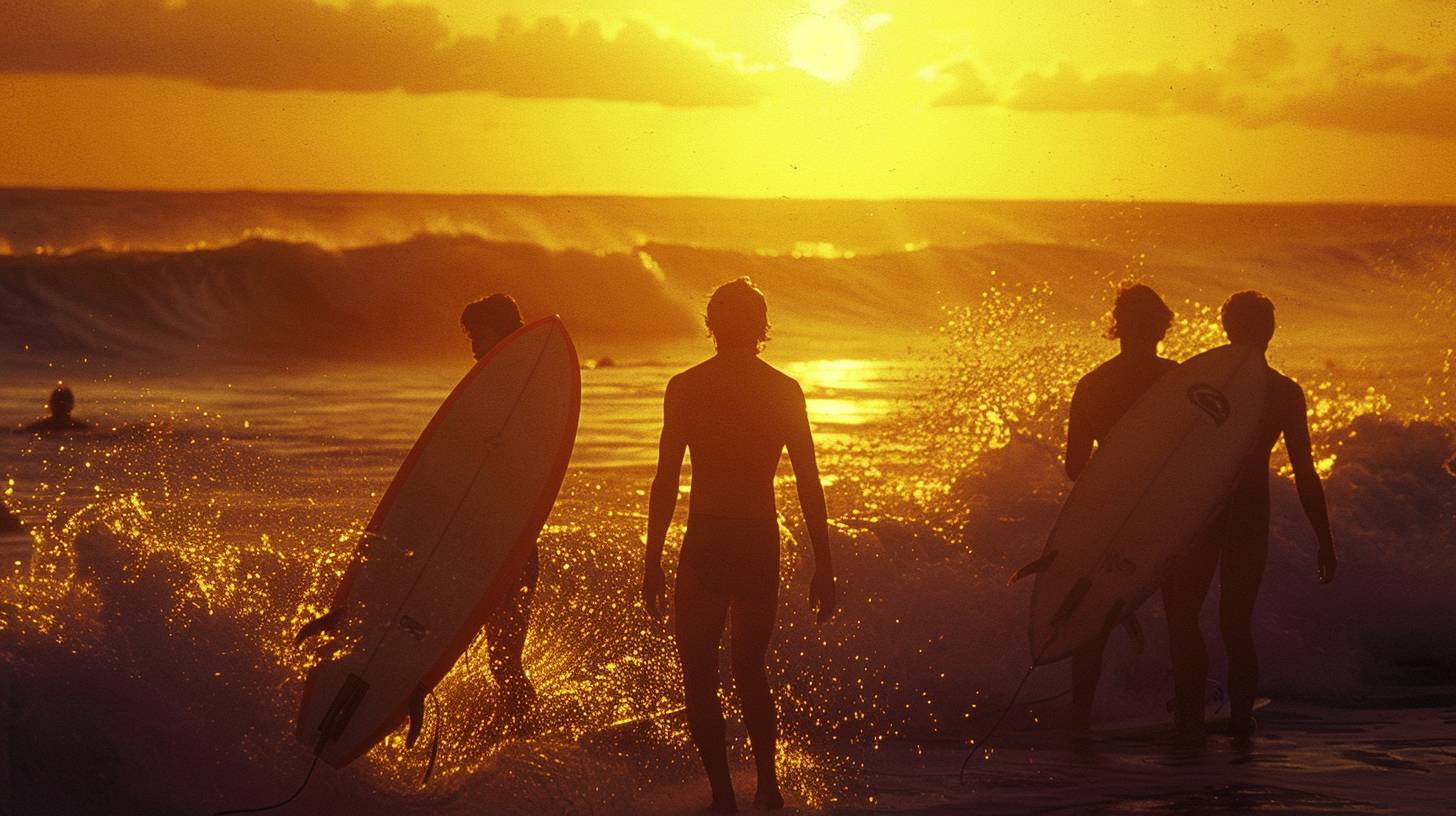 波待ちのサーファー3人。期待と仲間意識。サーフボード。オーストラリアの海岸。1987年の午後。波の音、砂浜、沈む太陽。ワイドショット、全身。ミノルタMaxxum 7000、フジフイルムヴェルビア50で撮影。黄金色の太陽光、水滴、高い彩度。