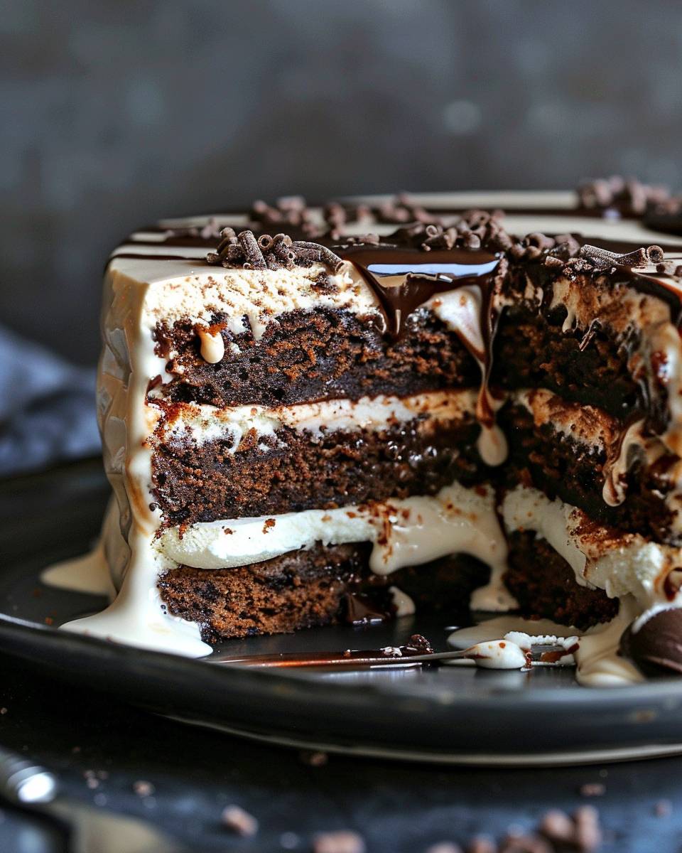 Recipe Name: Ice Cream Sandwich Cake, Amateur photo from pinterest, STYLE: wide Shot Side view, TIME: Daytime, melting & dripping & Sticky, V6 --ar 4:5 --v 6.0
