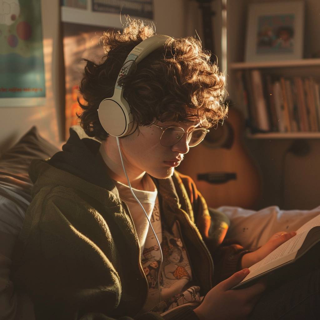 Teenage boy with headphones, lost in a book. Curly hair. Glasses perched on his nose. Cozy bedroom. Late afternoon. Posters on the wall, a guitar leaning against the bed. Close-up shot, head and shoulders. Warm lighting, sunbeam highlighting dust particles in the air. Depth of field.