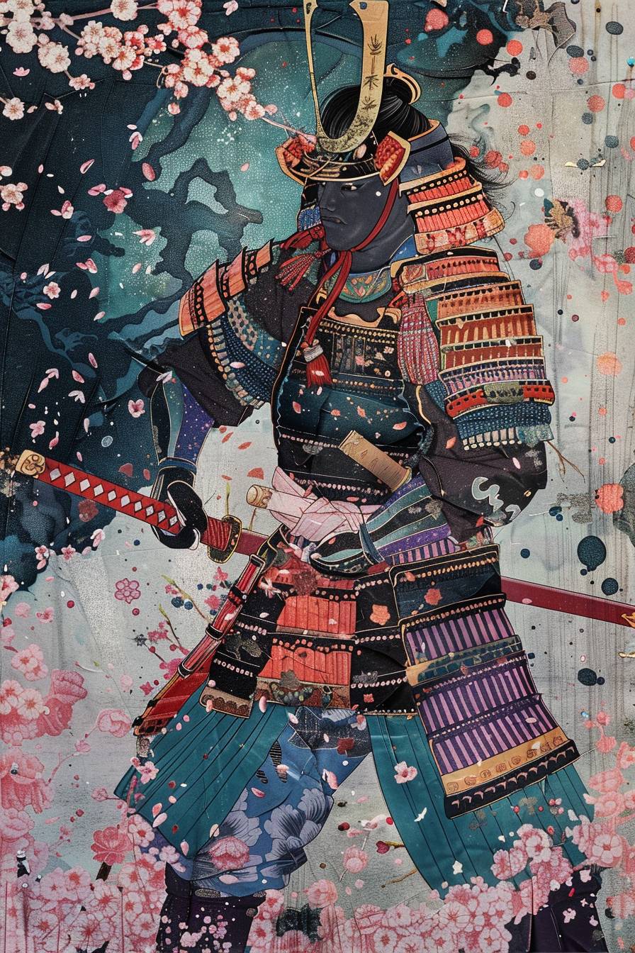 In style of Kunisada, Samurai warrior training in a cherry blossom garden