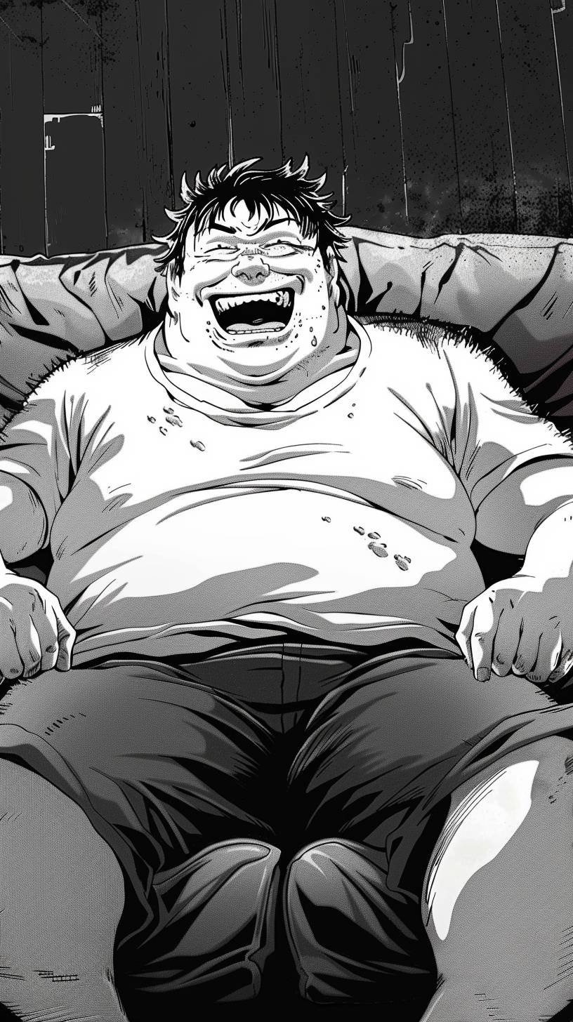 Black and white manga in the style of Junji Ito, featuring a 300-pound obese wild boar man sitting on a tattered sofa, laughing heartily. He has short black hair and is wearing white short sleeves. In the night scenes, there are close-up shots and foreground close-ups with a luminous color scheme and a realistic style. The illustration includes matte finishing, dark blue and amber tones, underground comics, UHD images, subtle ink applications, dark green and dark blue, black contours, creating a dark and terrifying atmosphere. 8K rainbow 5.