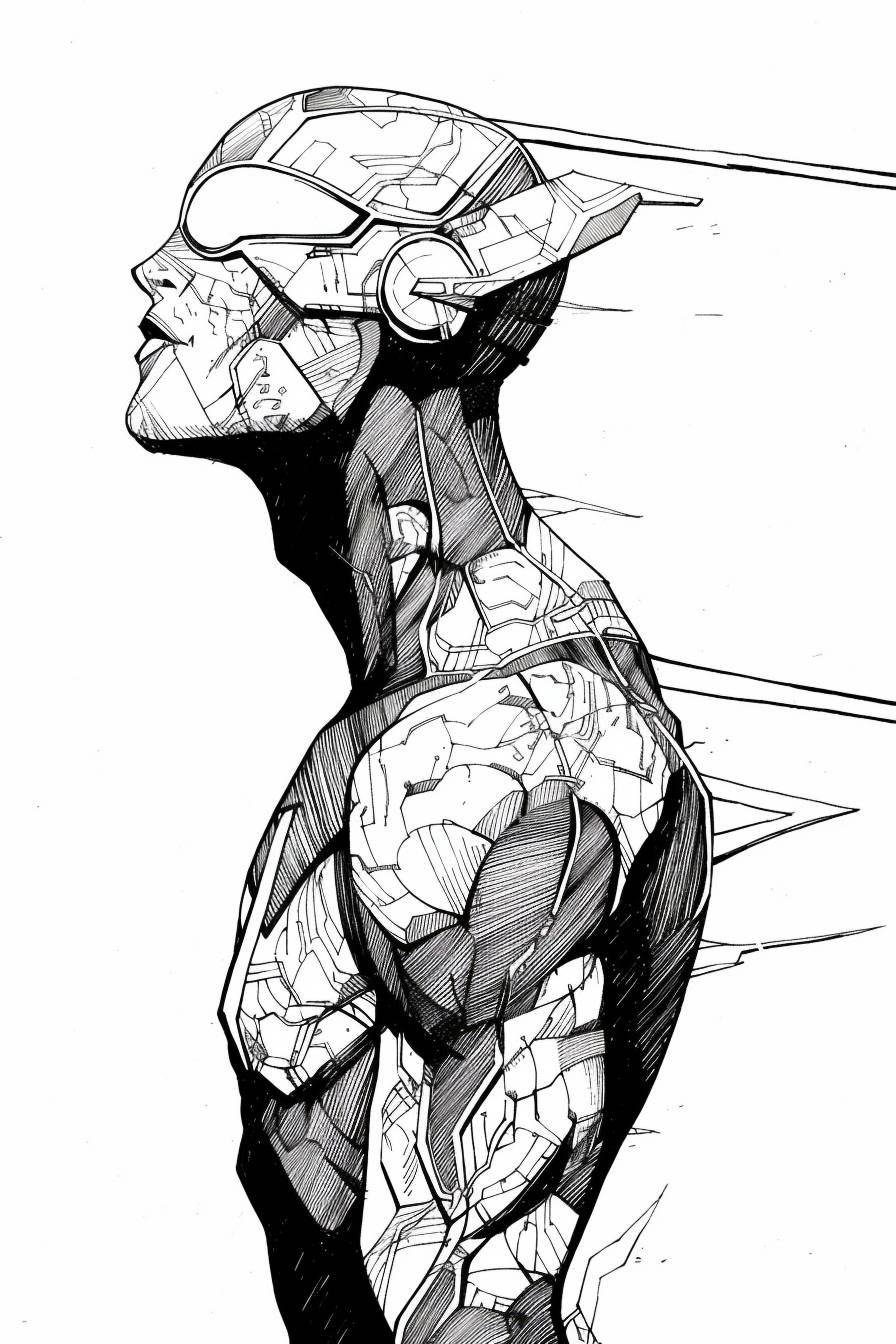 Mœbius風のスタイルで、キャラクター、インクアート、側面図