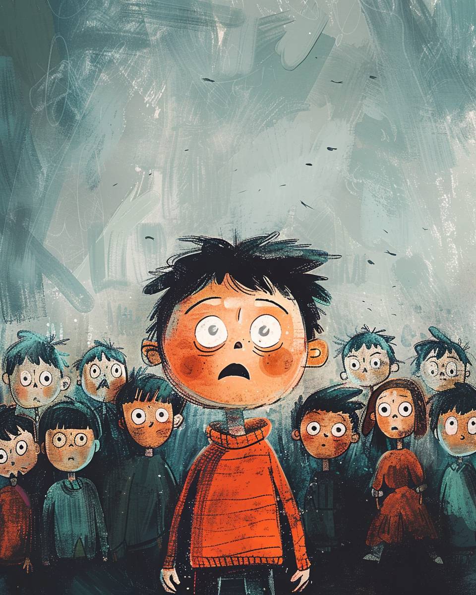 Illustration, social phobia concept, a 4-year-old boy, a crowd of children behind, black hair, cinematic, bokeh, soft pastel complementary colors - chaos 10 - aspect ratio 4:5 - personalize r6fwxg5 - version 6.0