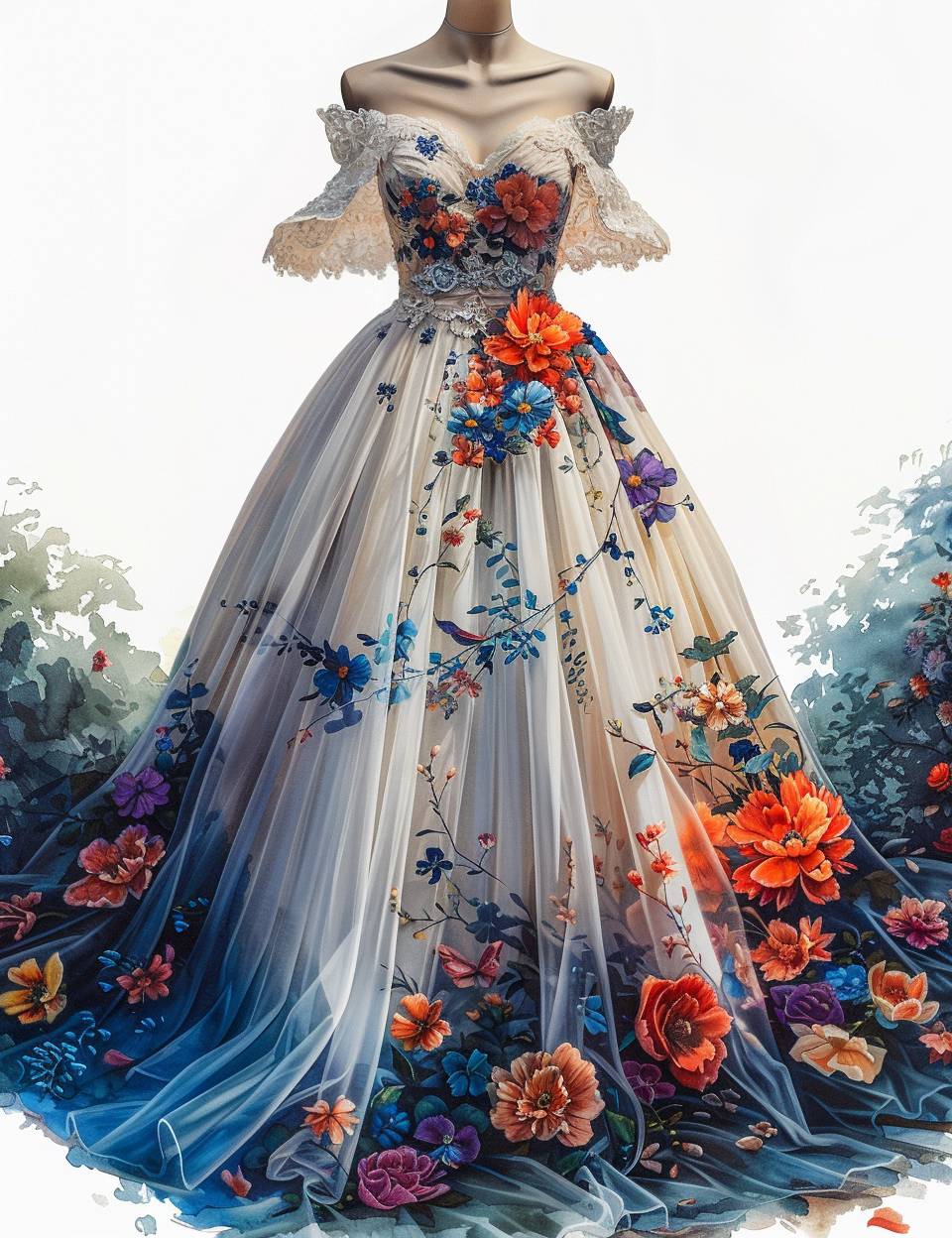 美しいビンテージ風の花柄ウェディングドレス、水彩、高いディテール、HDR、自己影、ユニーク、複雑なディテール、手描き