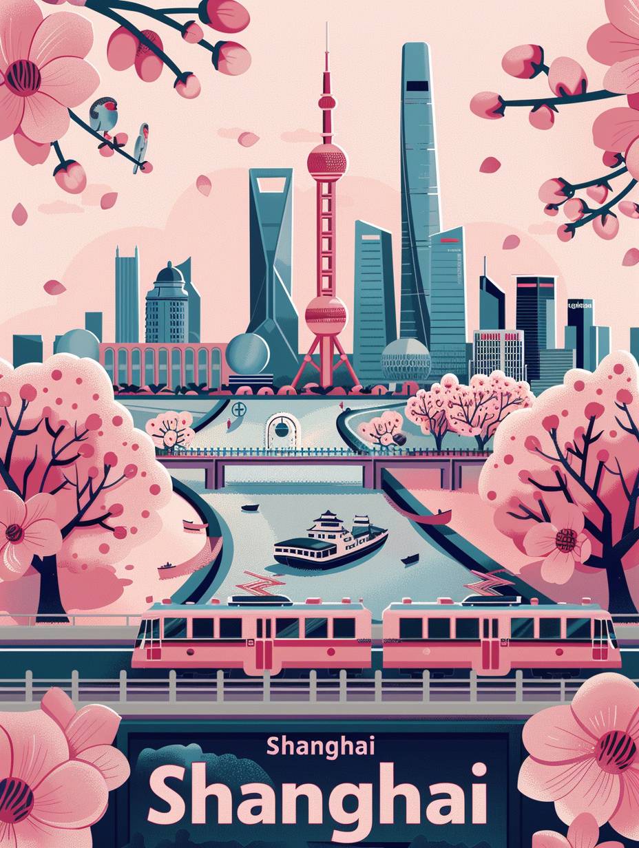 The 'Shanghai' area infographic, featuring spring and cherry blossoms, showcases a detailed map of Shanghai, the Oriental Pearl TV Tower, Shanghai Tower, Shanghai Jinmao Tower, and the Huangpu River. The word 'Shanghai' is displayed in a clear font, designed as an infographic. The illustration is in a cartoon style with high quality and complete details, using a light pink tone.