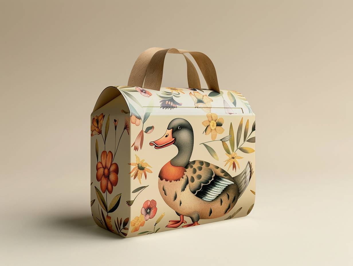 A duck-shaped square large packaging gift box handheld model with three views, comes with line drawings for printing, professional high-end quality, made of kraft paper, with a vintage solid color background in the scene, realistic rendering, professional photography scene --ar 4:3 --v 6.0