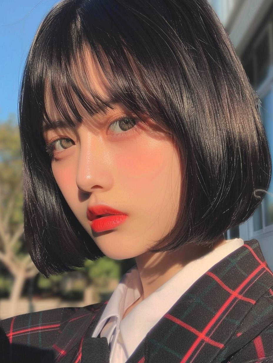 A Chinese high school girl with short hair, bangs, and black bob cut hairstyle, wearing a school uniform, with a very beautiful face and slightly open lips in a close-up upper body photo. The photo was taken in school using a phone camera. It is being live-streamed on Tiktok, real photos taken in natural light with pure sunlight.