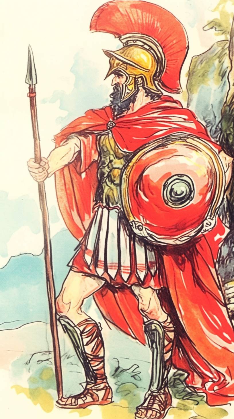 スパルタの王レオニダスが槍と盾を持って立つ壁紙HD、タイムレスな神話のスタイル、ヘレニズム美術、濃深なクリムゾンとホワイト、太い線、高いコントラスト、二色による表現