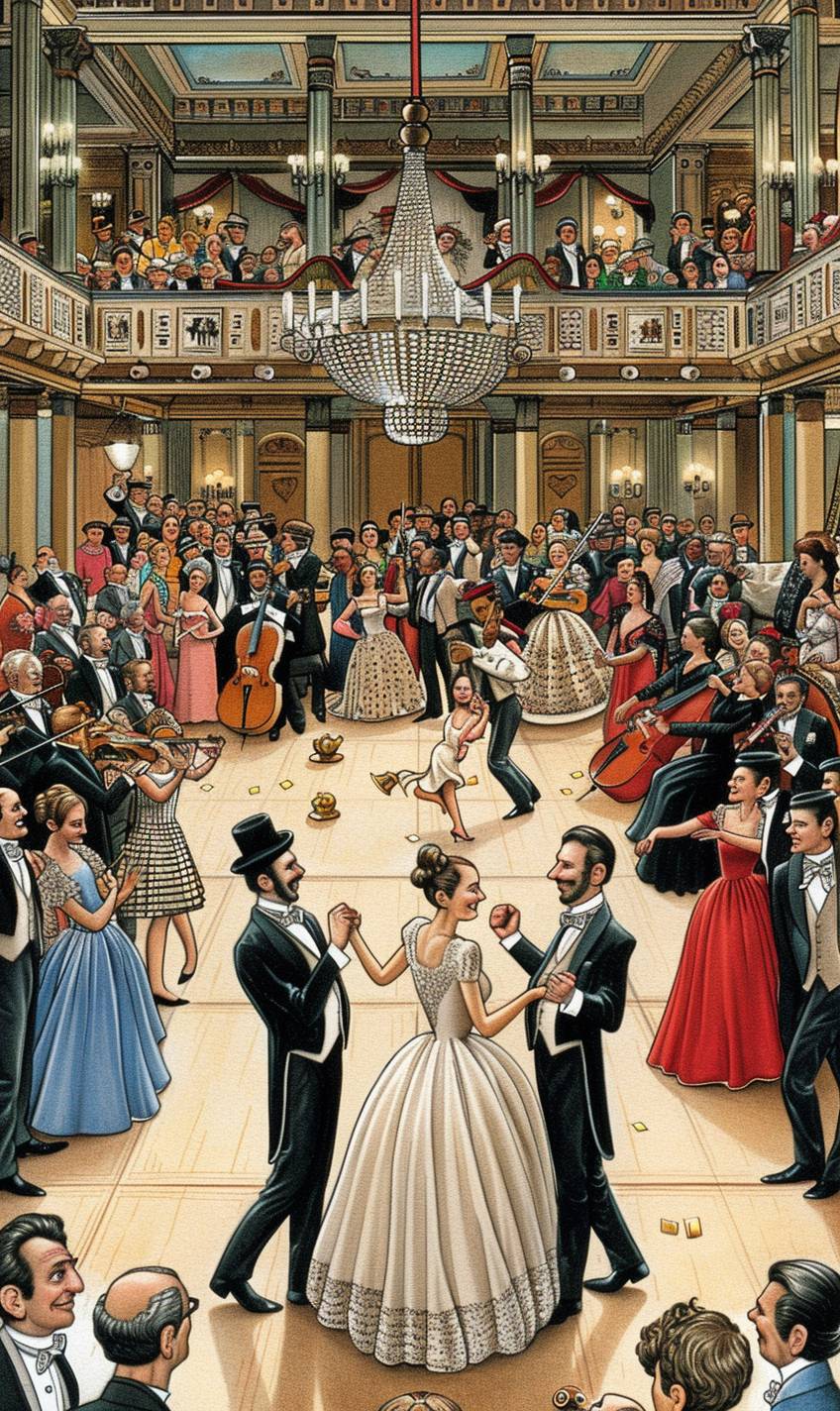 An elegant Victorian ballroom with chandeliers, couples dancing in elaborate costumes, live orchestra playing, opulent and grand setting