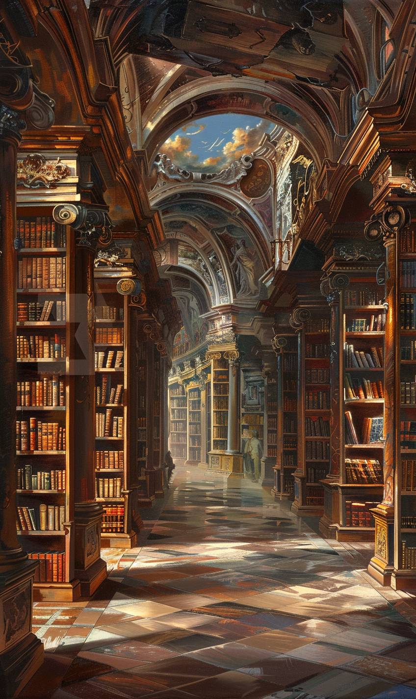 In style of Alex Alemany, a timeless library with mysterious tomes