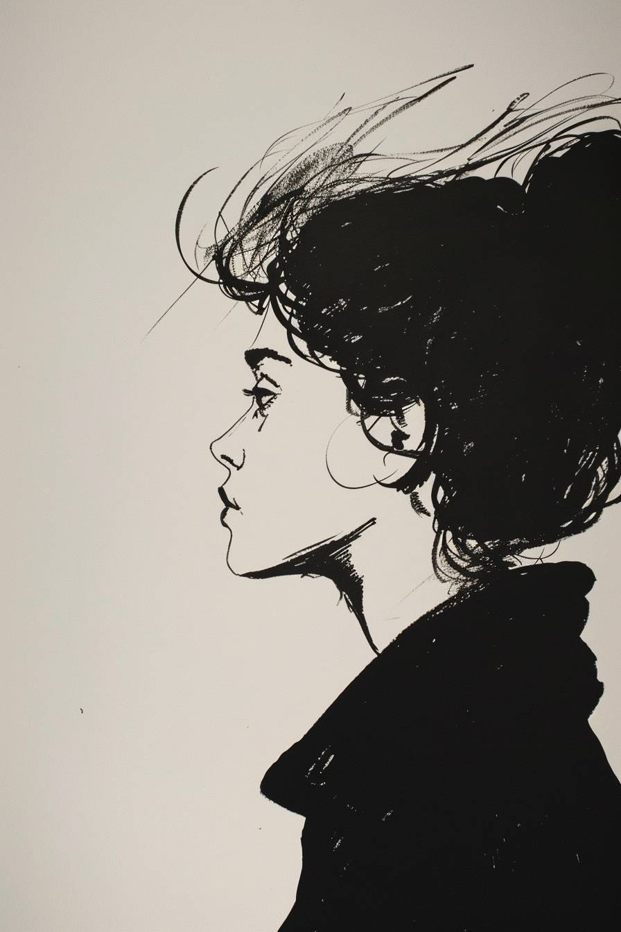 In style of Alex Katz, character, ink art, side view