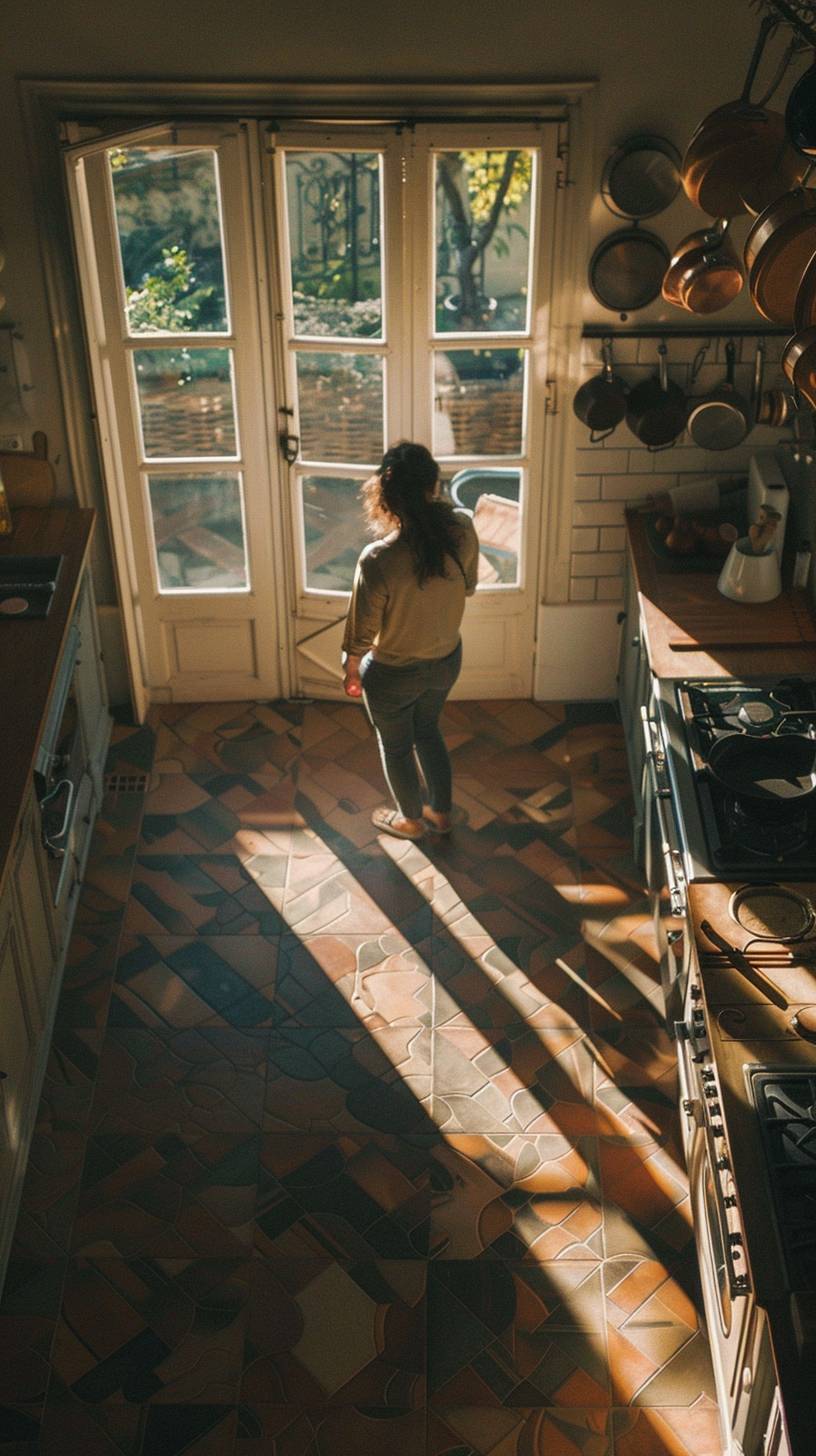 Aerial view. Full-length shot of a walking female French cook in her big kitchen. Intricate details. Window's shadows.