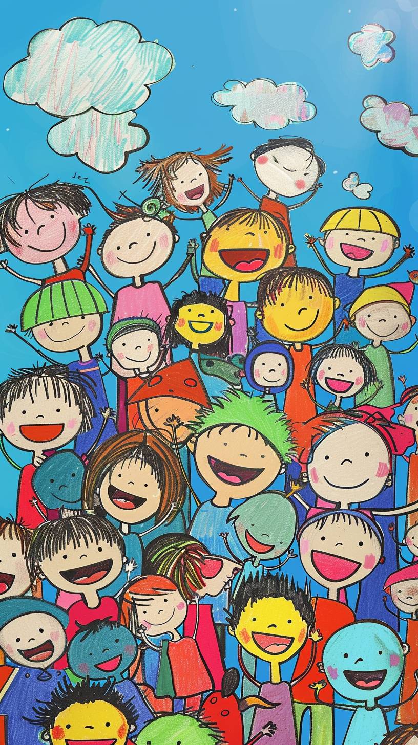 Picture with lots of sky blue. Children aged 8 and 9 laughing. Very positive coloring. Illustrated with harmonious two primary colors of blue and green, pixelated figures, very realistic, in positive interaction with each other. --ar 9:16  --v 6.0