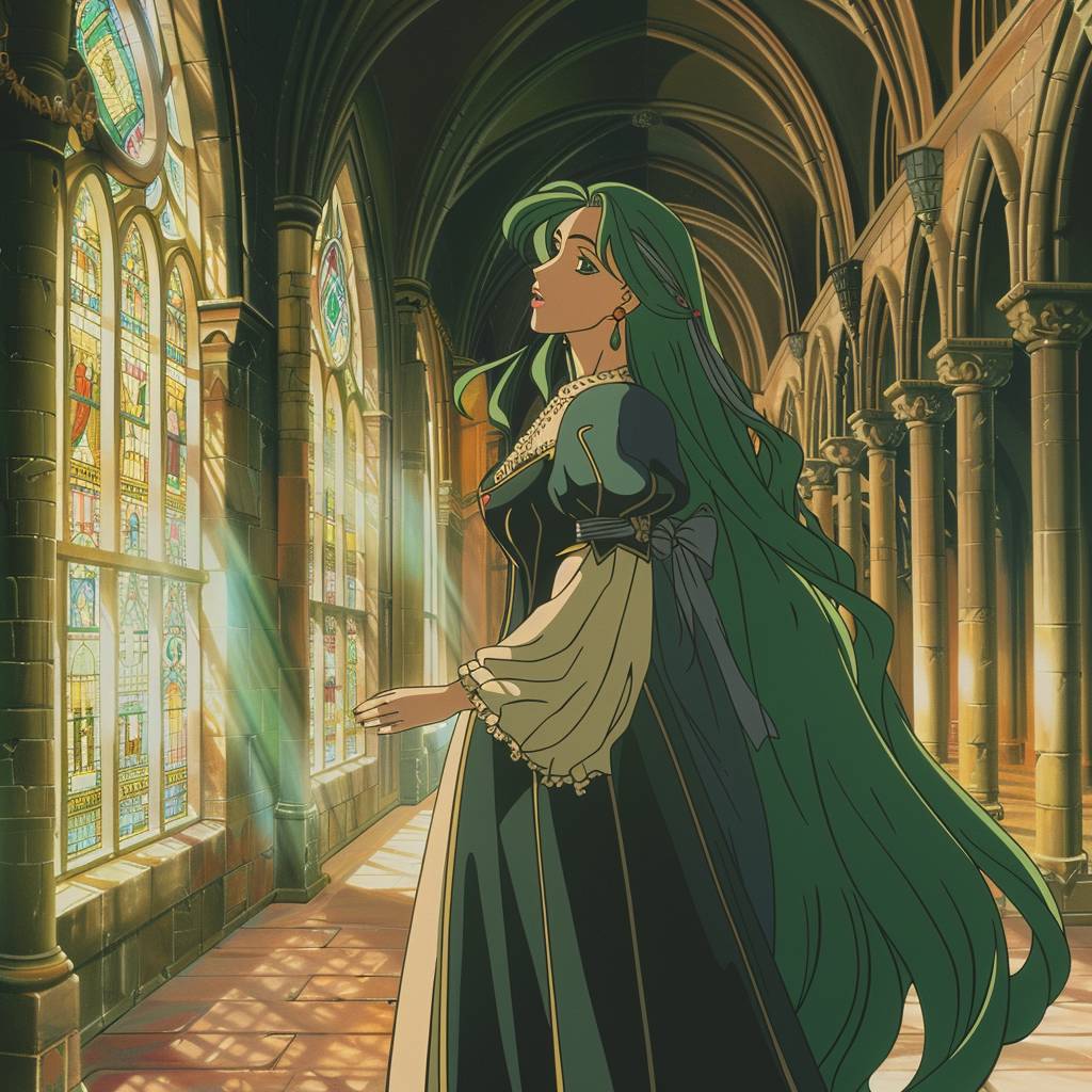 Scene from the 1990s anime, featuring an elegant young woman with flowing green hair, dressed in a medieval gown, standing in a grand hall with stained glass windows, soft morning light filtering through, front angle view, retro anime, 90s animation, high resolution