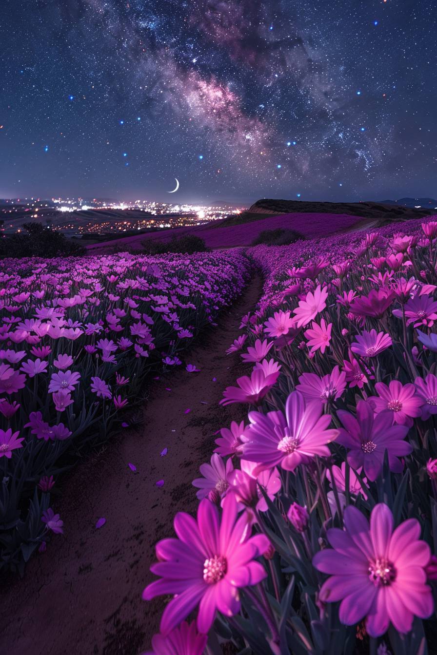 A breathtaking night landscape featuring a vast field of vibrant purple flowers in full bloom, under a clear, star-studded sky. The sky is filled with bright stars and a crescent moon, adding a magical glow to the scene. In the background, distant city lights illuminate the horizon, creating a beautiful contrast with the natural beauty of the flower field. The foreground shows a winding path through the flowers, inviting the viewer into the serene and enchanting environment.