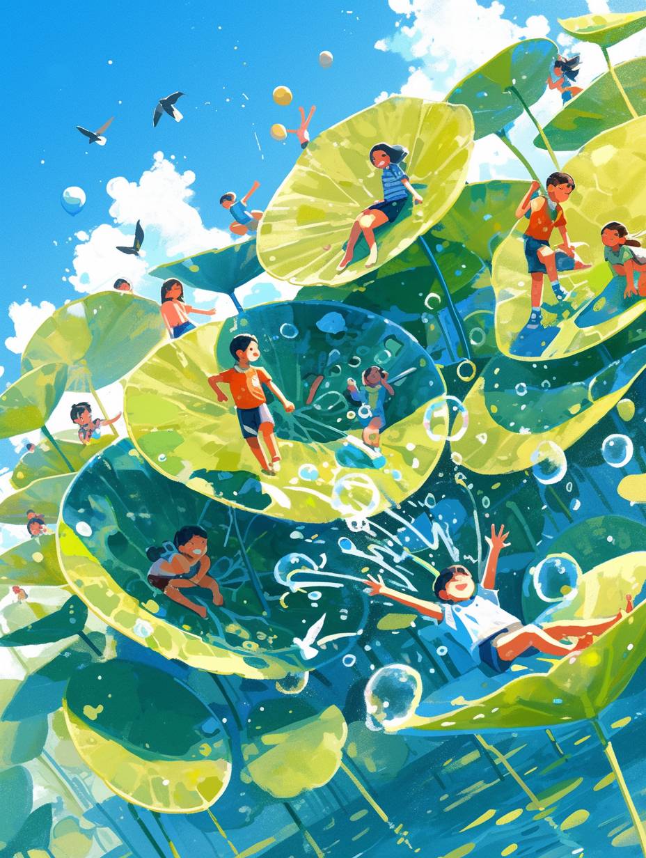 In the summer season, several children are playing in the water, splashing water on each other, surrounded by huge linear green lotus leaves, and swallows are flying in the sky. The illustration is a flat illustration style, with green as the main color, a vibrant illustration scene, a Mobius ring composition, and a fisheye effect.