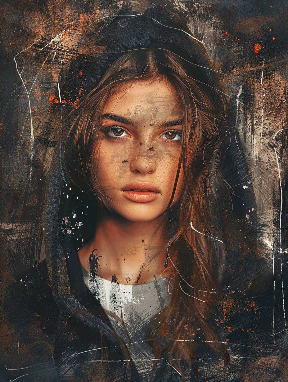 A beautiful girl with brown hair and brown eyes, depicted in digital art. The double exposure portrait features an oil texture with a splattered effect and a blurred background. She is dressed in a black hoodie and a white shirt with abstract lines, set against a dark backdrop.