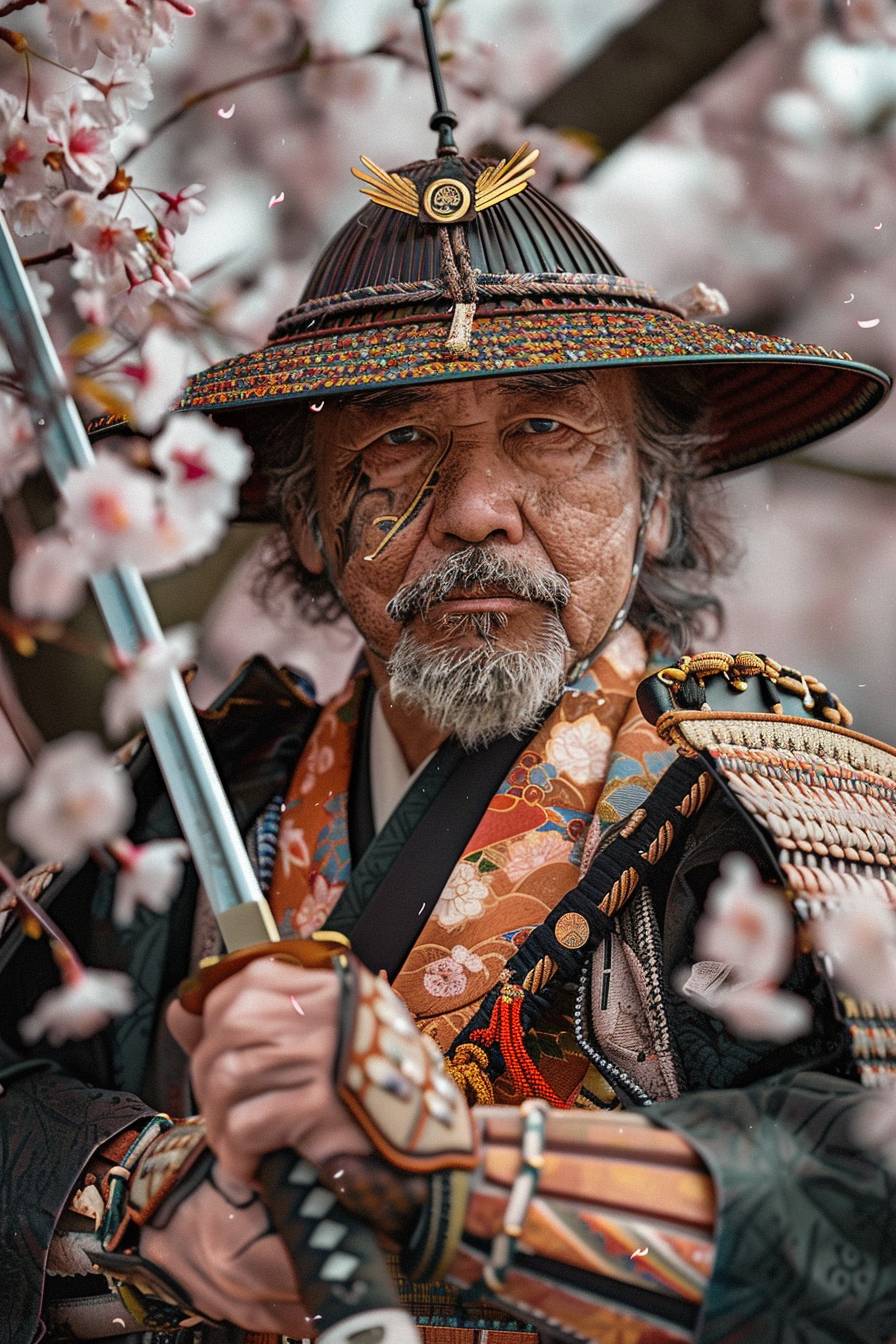 In the style of Henri Rousseau, a samurai warrior honing skills under cherry blossoms