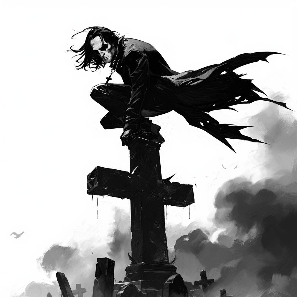 Brandon Lee is depicted as the comic book character The Crow, created by James O'Barr, on top of an old wooden cross in the middle of a foggy graveyard. The drawing is done in the style of Steve Dillon, featuring sharp inked lines, simple yet expressive forms, a white background, monochromatic palette, and monochrome colors.