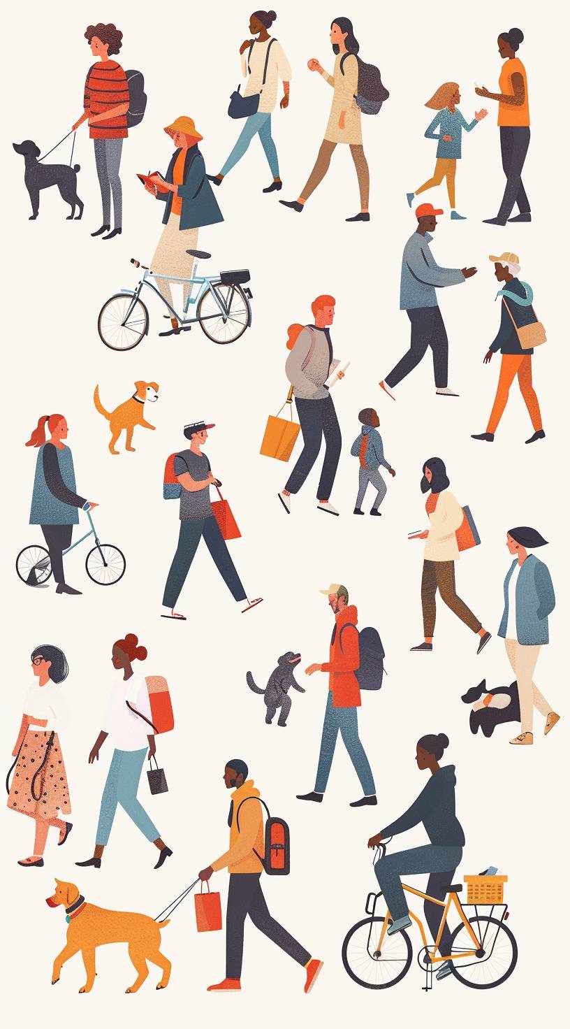 A flat illustration of people in various activities, such as walking with a stocado and dog, riding bicycles or reading books. The people should be diverse in age, gender and skin tone. The background is white to highlight the characters and their actions. There is no text on it so that attention can focus only on the human figures. A single color scheme for all elements would make them stand out more clearly against each other. In the style of flat design and minimalist design.