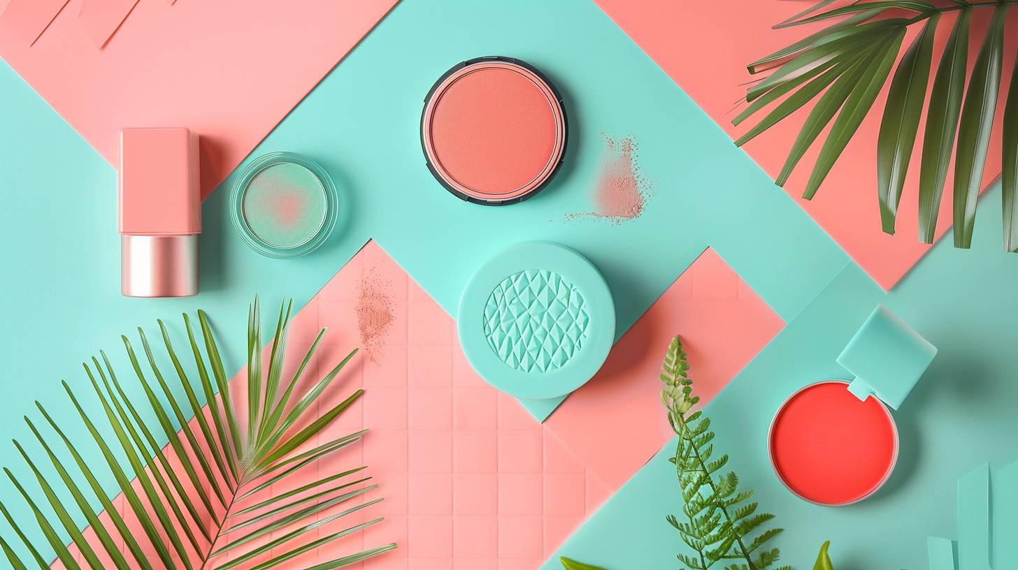Natural blush, in a recycled bamboo packaging, soft coral and turquoise, playful but elegant, pop geometric pattern, packaging spotlight, pop style, eco-friendly vibe, pastel colors, commercial photography style, professional DSLR camera