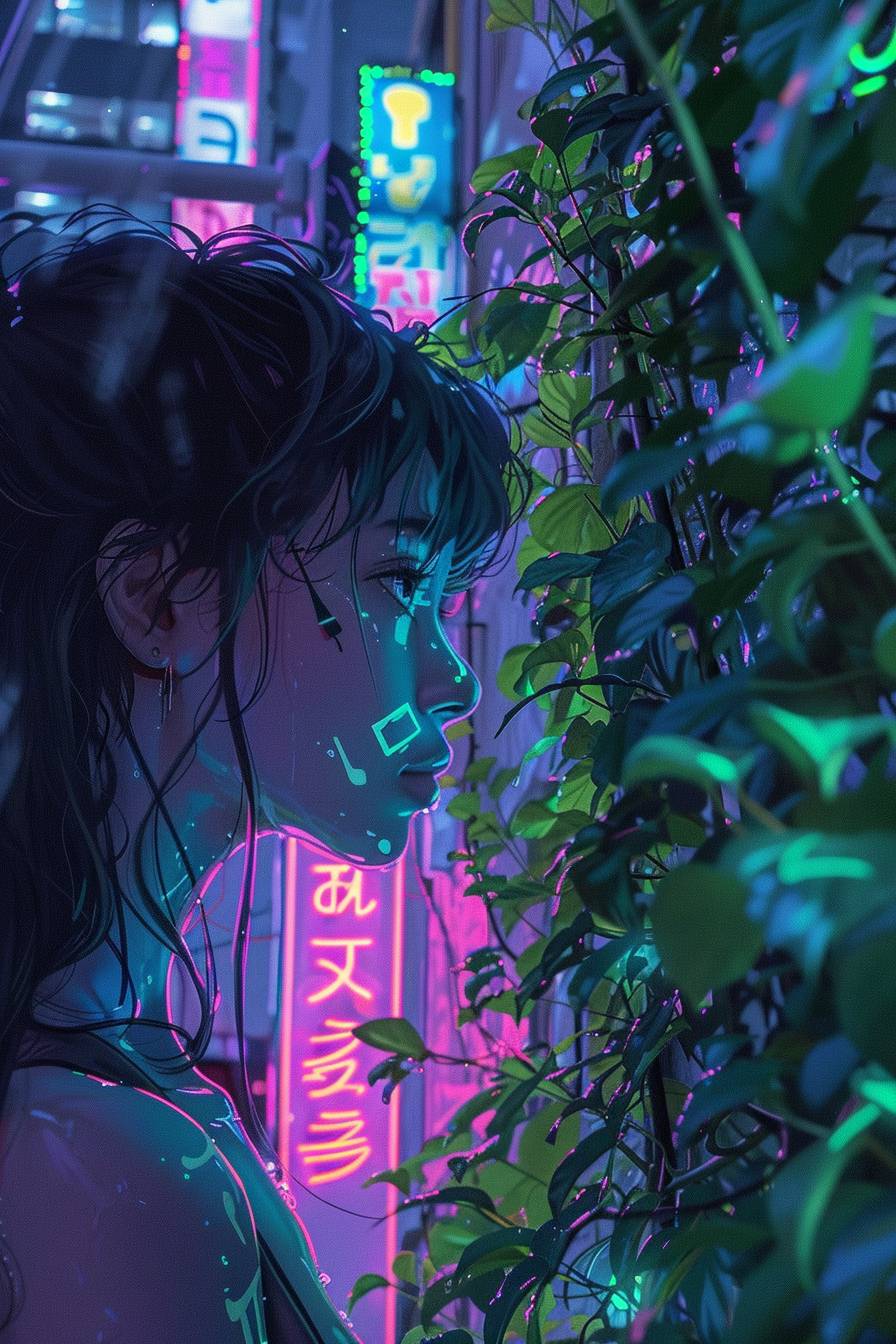 Neon signs, Akira style, detailed line art, fine details, full background, manga, cell shading, pastel colors, Nana Komatsu face, anime, woman, full figure, full body, neon colors, bright colors, vibrant colors, pastel colors, plants, plants everywhere, leaves everywhere, indoor plants.