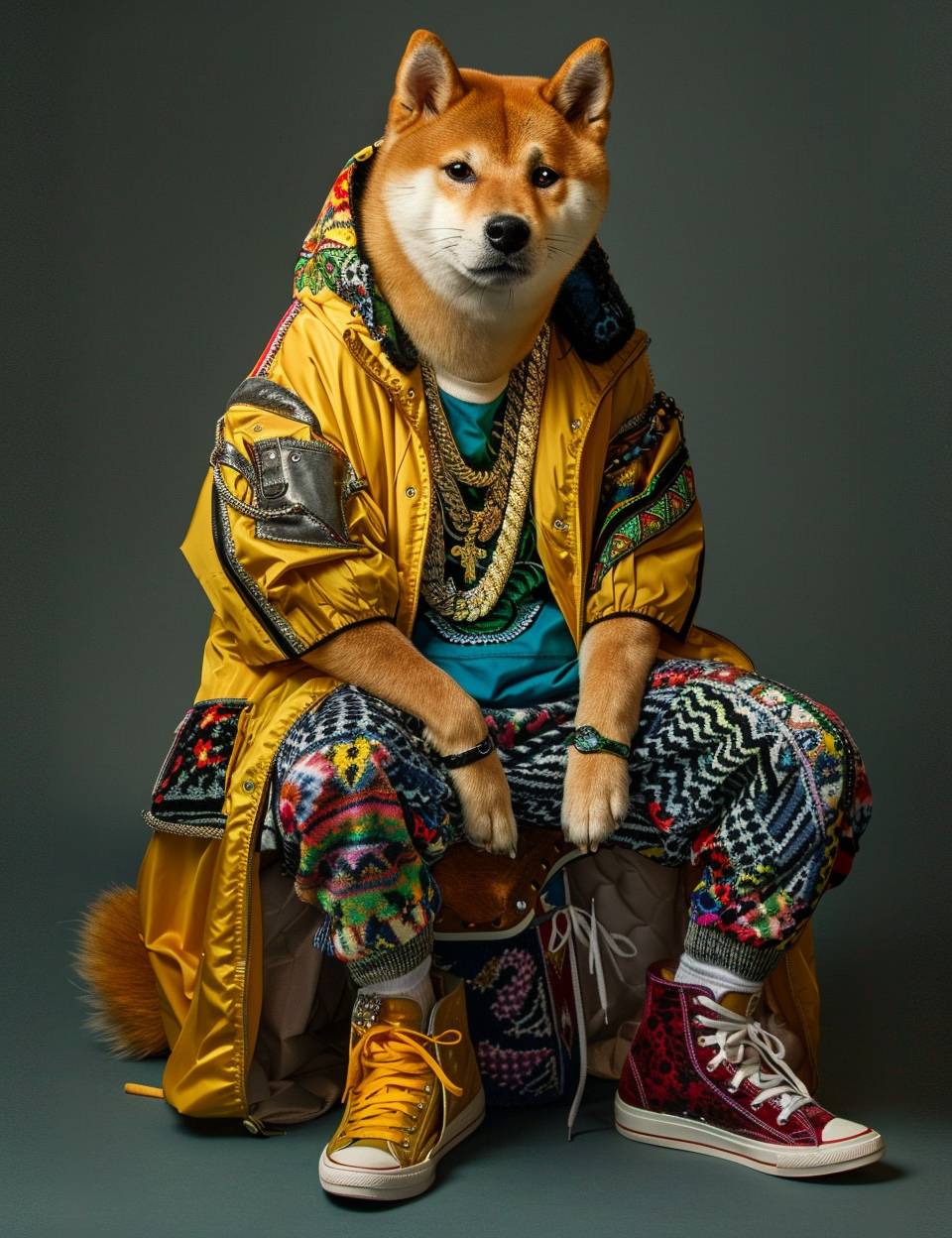 時尚ショットのスタイルで、1990年代の大きなヒップホップ服とスニーカーを着た擬人化された柴犬の写真。ファンタジーで、非常に詳細で入り組んでおり、ハイパーマキシマリスト、ハイファッション。