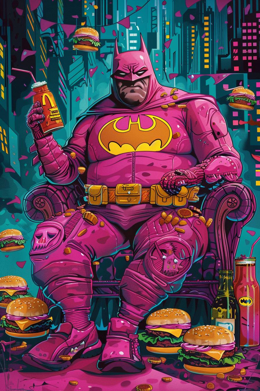 ピンクのバットマンの衣装を着た太っているバットマン、バックグラウンドにはたくさんのハンバーガーが描かれた複雑なポスター、非常に詳細