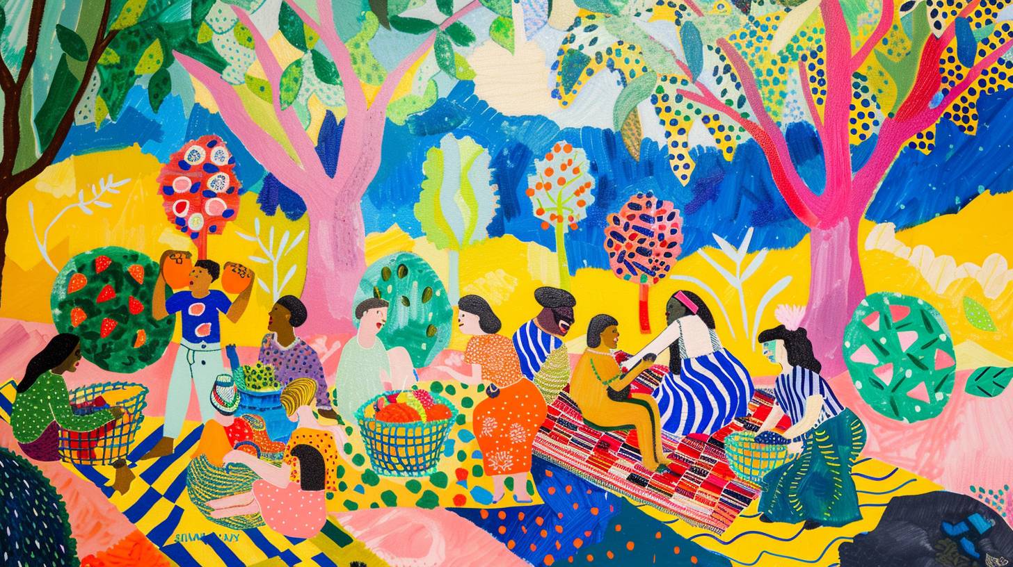 公園で行われる夏のピクニックの場面を、マティスとホックニーの鮮やかな色彩と遊び心のある構図でユーモラスに表現します。ピクニック用の毛布、果物のかご、友人たちが笑って楽しむ陽気な日が描かれたシーンです。