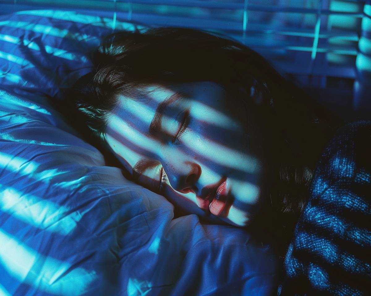 眠る女性に夜の影が映る、ドラマチックな写真、青と灰色の色合い、高コントラスト、室内シーン、レトロVHS効果